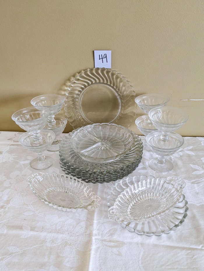 49. (8) Glass Plates, (8) Sherbets + (4) Serving Pieces