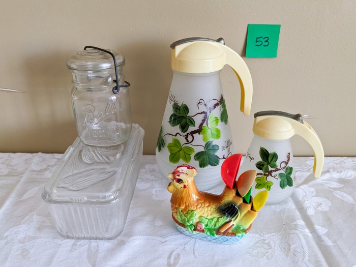 53. Vintage Pitchers, Fridge Storage, Chicken w/ Measuring Spoons