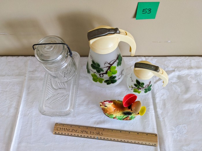 53. Vintage Pitchers, Fridge Storage, Chicken w/ Measuring Spoons - Image 3