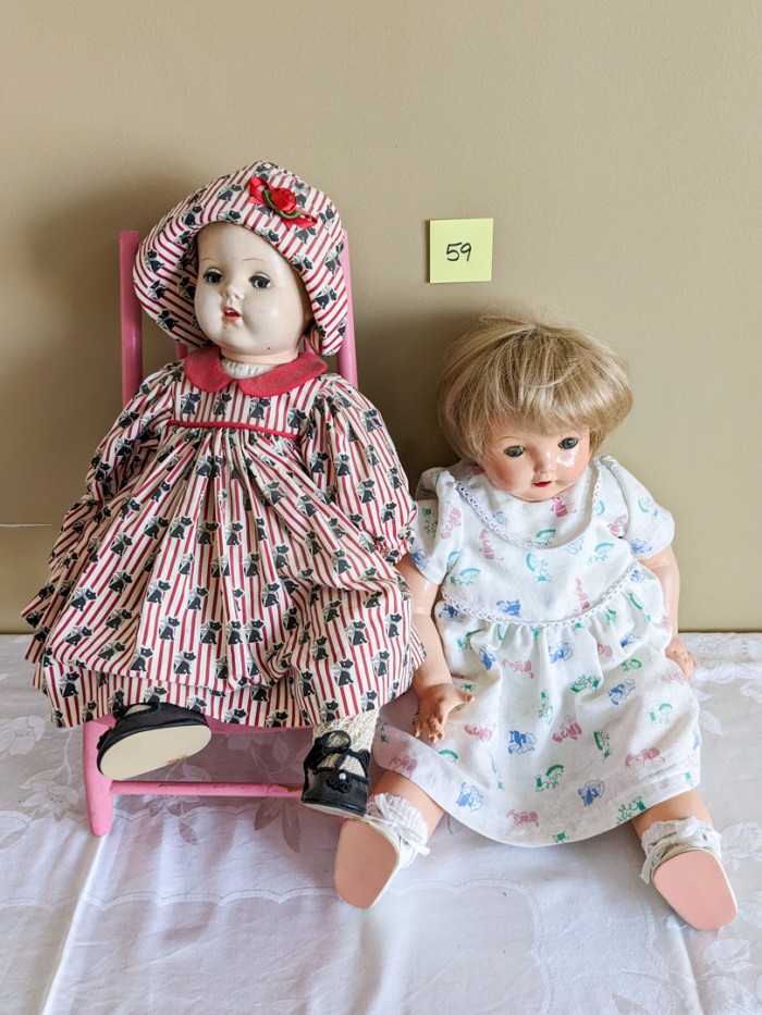 59. (2) Antique Dolls + 22" Mini Chair