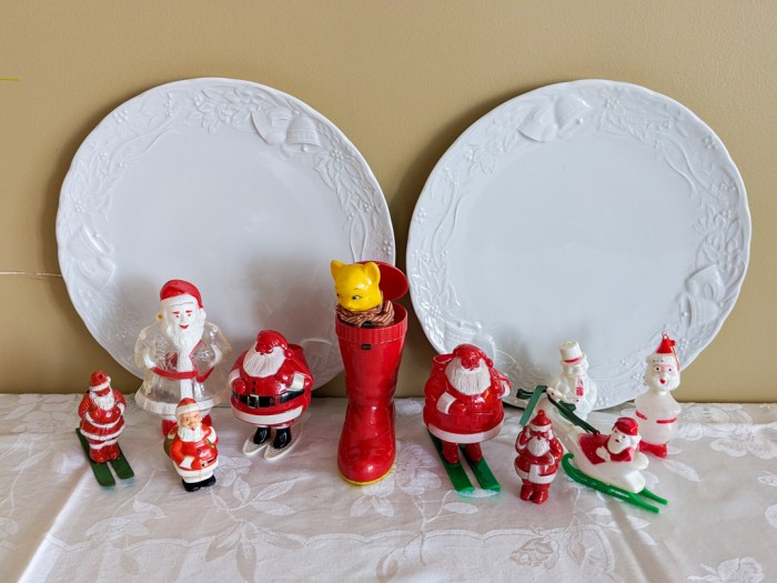 62. (2) Mikasa Platters + (10) Vintage Plastic Holiday Figures