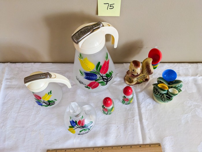 75. Vintage Pitchers, Salt + Pepper, Vinegar + (2) Measuring Spoon Holders