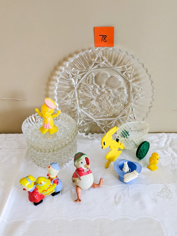 78. Glass Platter, (7) Bowls, (6) Vintage Plastic Figurines