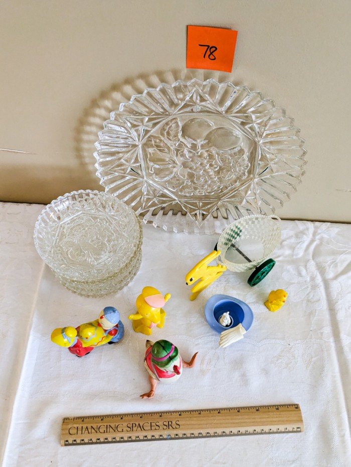 78. Glass Platter, (7) Bowls, (6) Vintage Plastic Figurines - Image 4