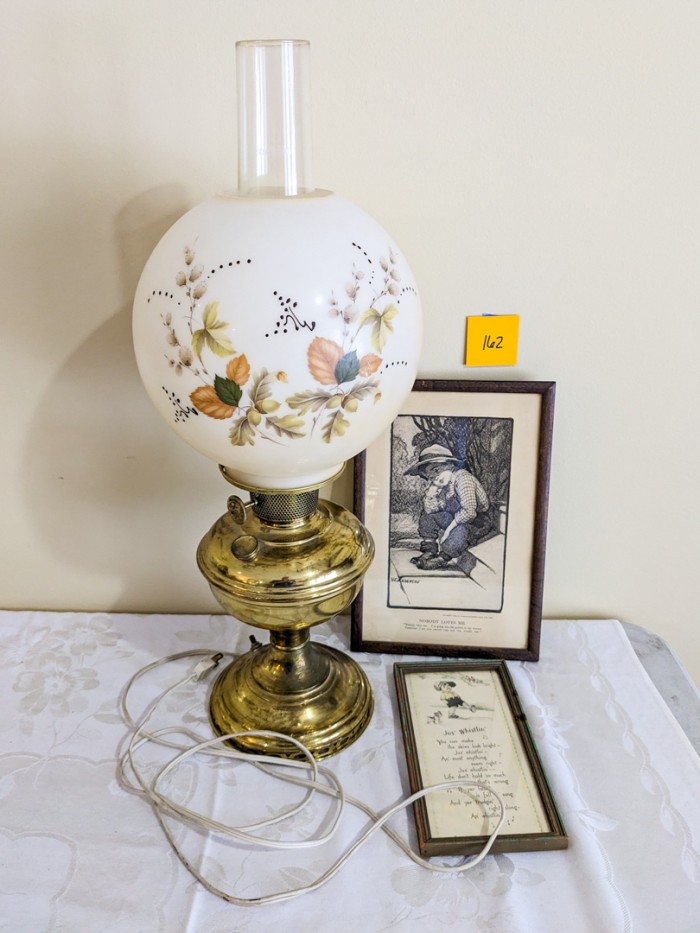 162. 23" Lamp + (2) Vintage Prints