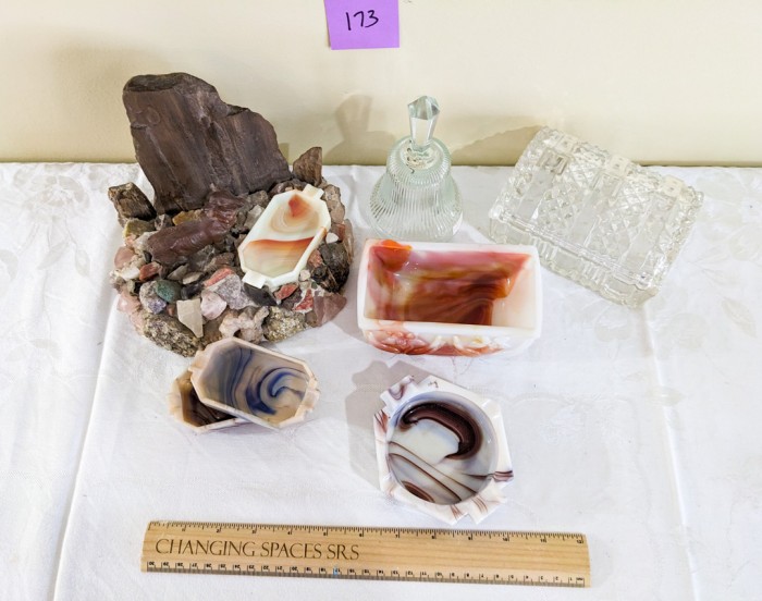 173. (5) Akro Agate Pieces, Glass Bell + Box - Image 2