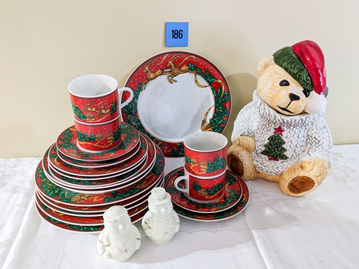 186. Misono Christmas Dishes - (6) Dinner Plates, (4) Bread Plates, (4) Mugs/(3) Saucers, (2) Bowls, Cookie Jar and Salt + Pepper Set