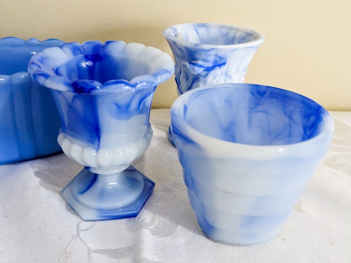 87. Akro Agate Blue Bowl + (6) Sm Pots - Image 3