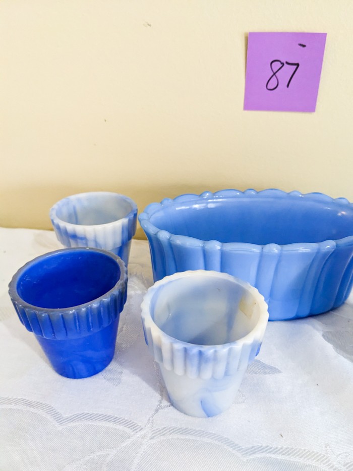 87. Akro Agate Blue Bowl + (6) Sm Pots - Image 4