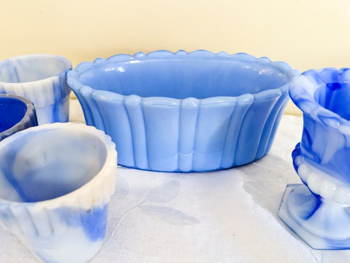 87. Akro Agate Blue Bowl + (6) Sm Pots - Image 6