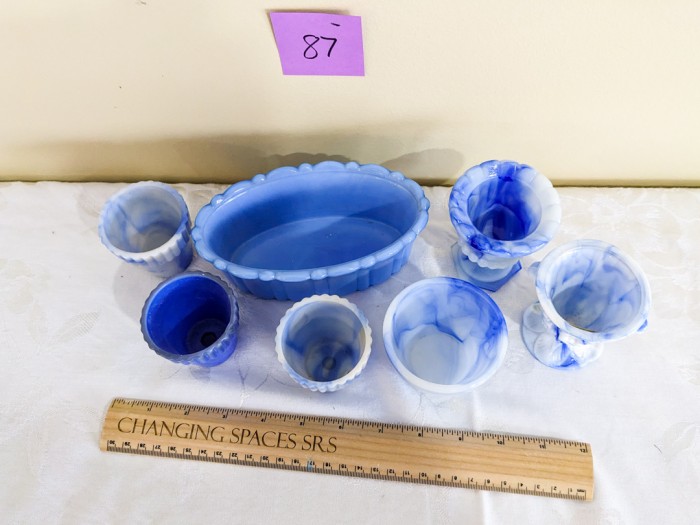 87. Akro Agate Blue Bowl + (6) Sm Pots - Image 5