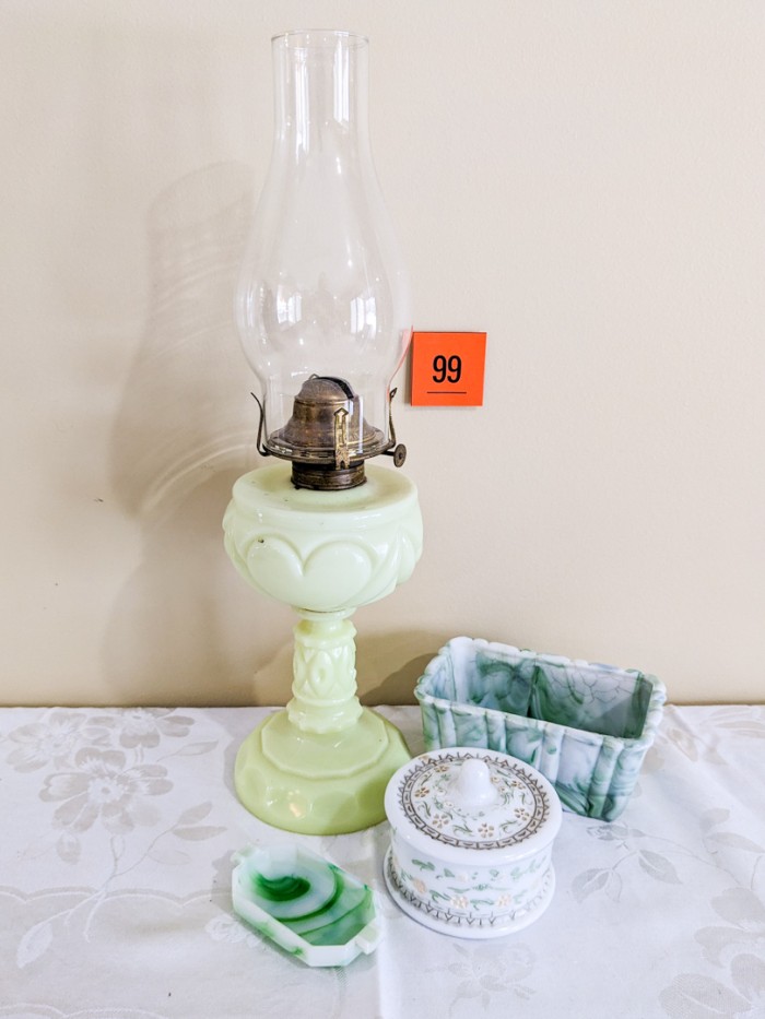 99. Agate Oil Lamp, Planter, Ashtray + Box