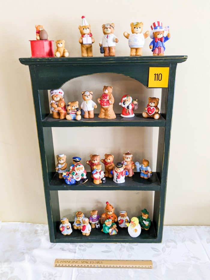 110. (25+) Enesco Ceramic Bears + Display Shelf