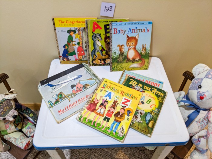 128. Child's Enamel Top Table, (2) Chairs, Bears + (7) Children's Books - Image 2