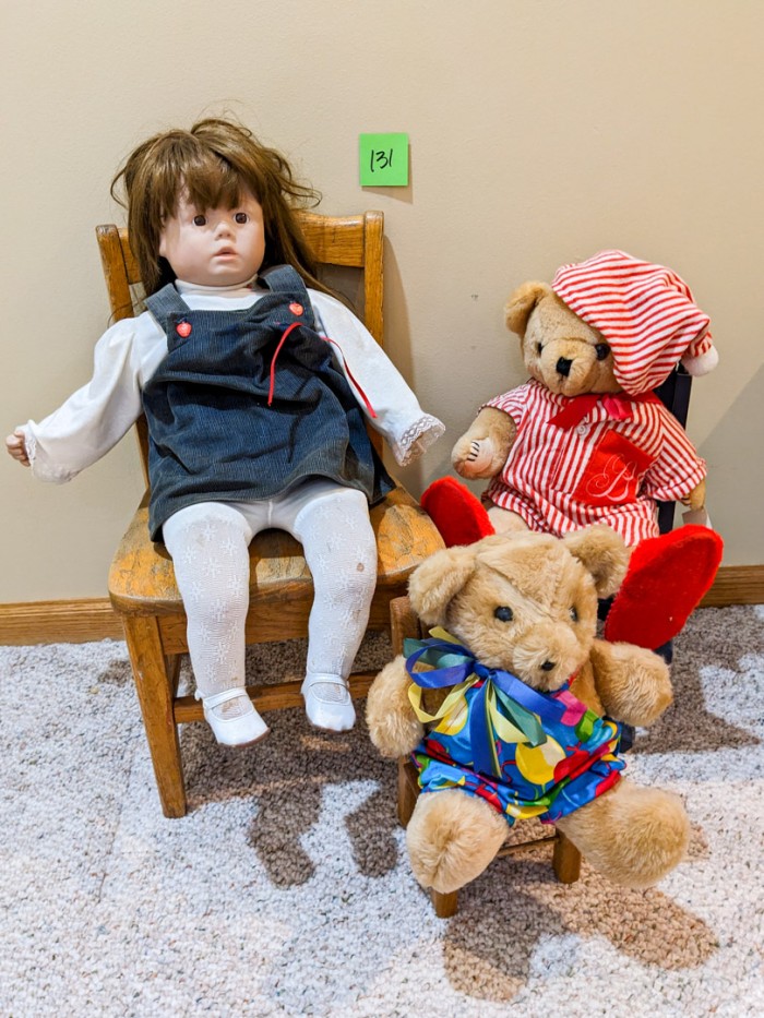 131. (3) Miniature Chairs, (2) Teddy Bears + Doll