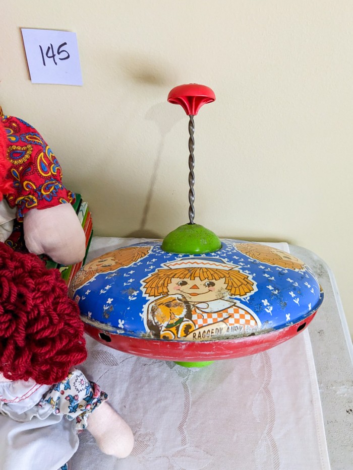 145. Vintage Tin Top, (3) Raggedy Ann Dolls + (5) Books - Image 3