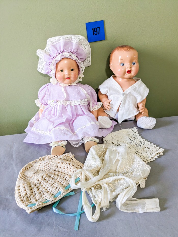 197. (2) Antique Dolls + (3) Baby Bonnets