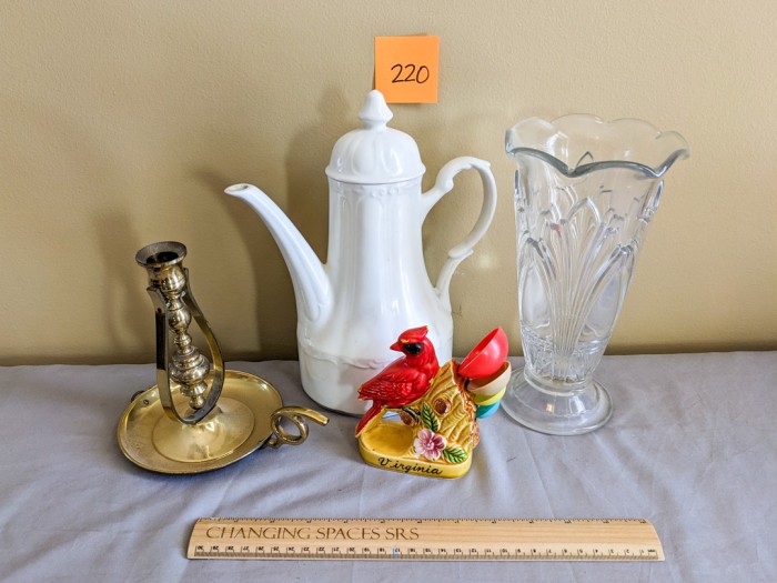 220. Teapot, Vase, Brass Candle Holder + Cardinal Measuring Spoons