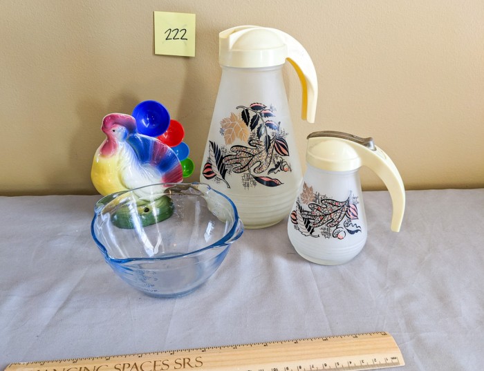 222. (2) Vintage Pitchers, Blue Depression Glass Bowl, Rooster Measuring Spoons