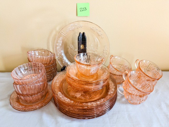 223. Pink Depression Glass Dishes - (9) Dinner Plates, (9) Bowls, (2) Bread Plates, (7) Teacups/Saucers