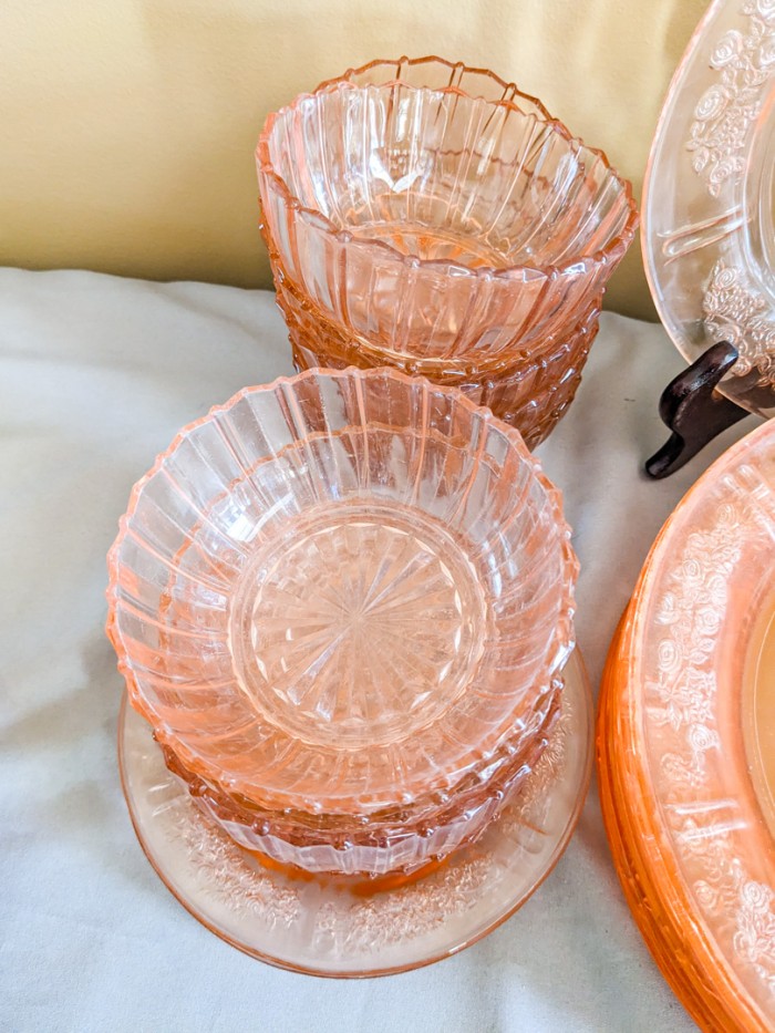 223. Pink Depression Glass Dishes - (9) Dinner Plates, (9) Bowls, (2) Bread Plates, (7) Teacups/Saucers - Image 4