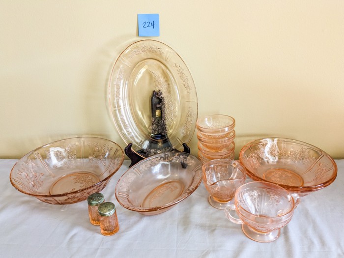 224. Pink Depression Glass Dishes - (6) Serving Pieces, Salt + Pepper Set, Creamer + Sugar and (4) Sherbets