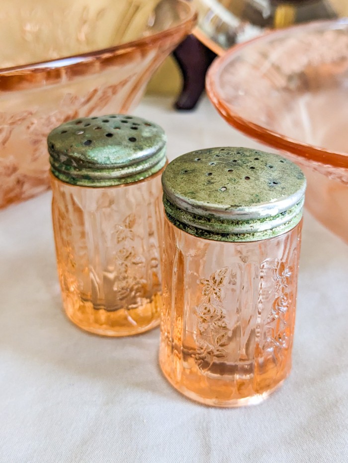 224. Pink Depression Glass Dishes - (6) Serving Pieces, Salt + Pepper Set, Creamer + Sugar and (4) Sherbets - Image 6