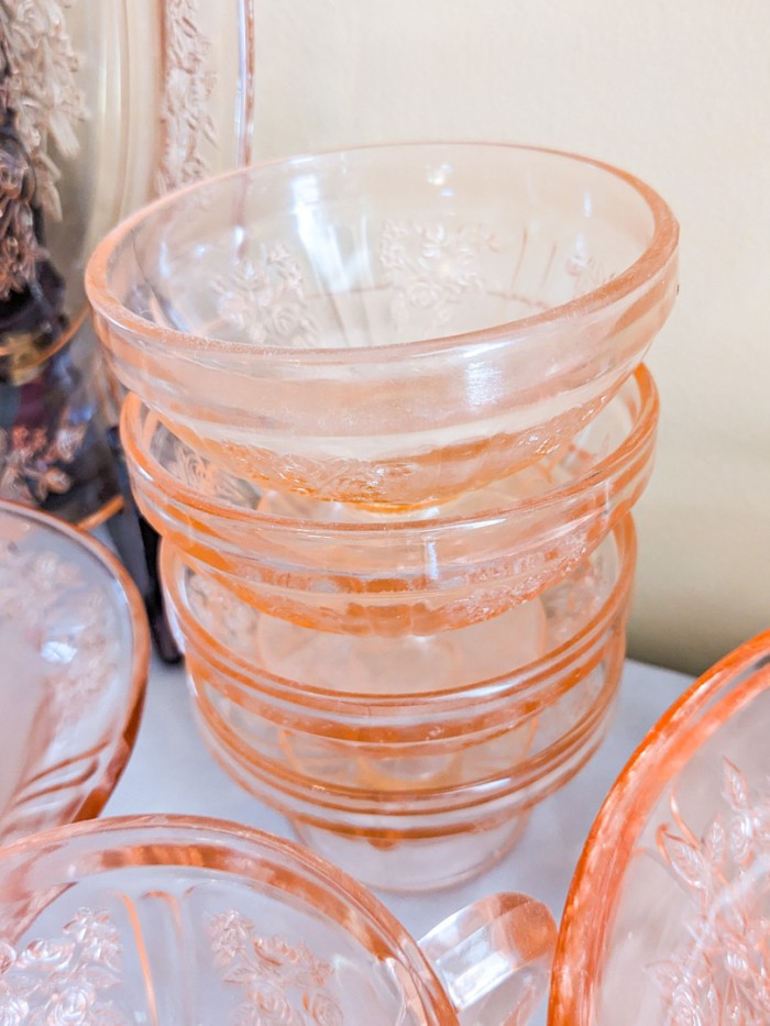 224. Pink Depression Glass Dishes - (6) Serving Pieces, Salt + Pepper Set, Creamer + Sugar and (4) Sherbets - Image 3