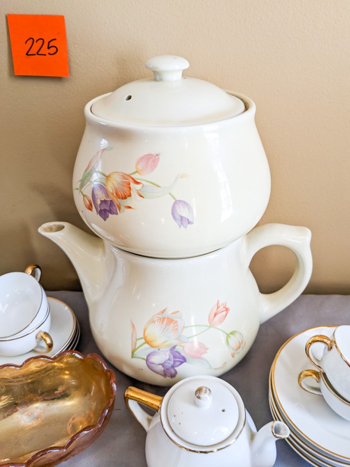 225. Enterprise Drip Teapot, Carnival Glass Bowl, Meito Tea Set - (4) Plates, Teapot, Creamer + Sugar, Teacups + Saucers - Image 2