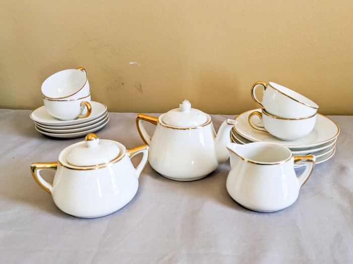 225. Enterprise Drip Teapot, Carnival Glass Bowl, Meito Tea Set - (4) Plates, Teapot, Creamer + Sugar, Teacups + Saucers - Image 4