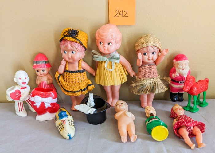 242. (8) Vintage Dolls + Plastic Figures