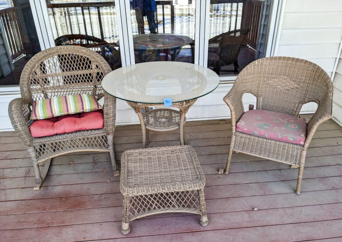 301. Wicker Rocking Chair w/ Ottoman, Glass Top Table + Armchair