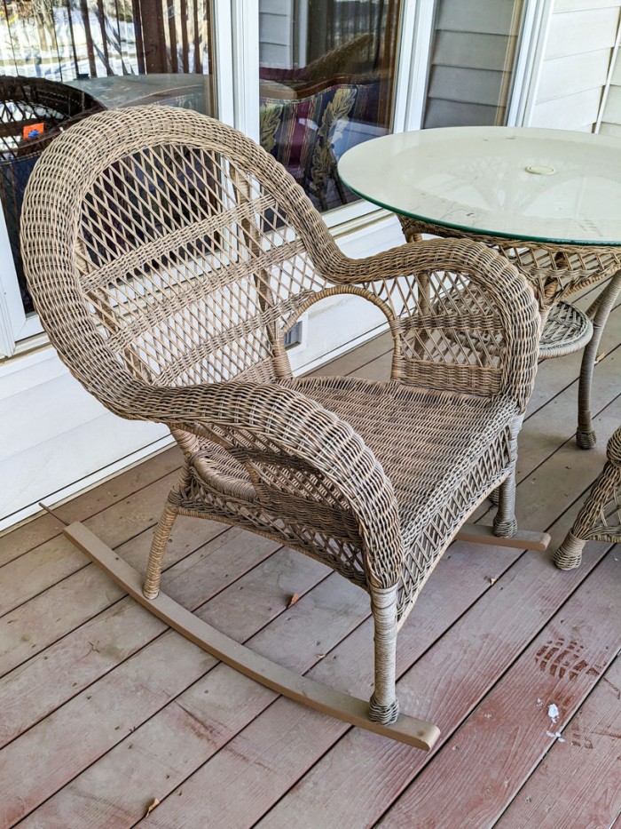 301. Wicker Rocking Chair w/ Ottoman, Glass Top Table + Armchair - Image 7