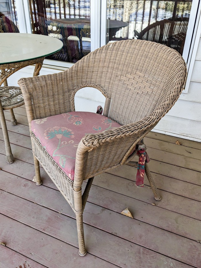 301. Wicker Rocking Chair w/ Ottoman, Glass Top Table + Armchair - Image 9