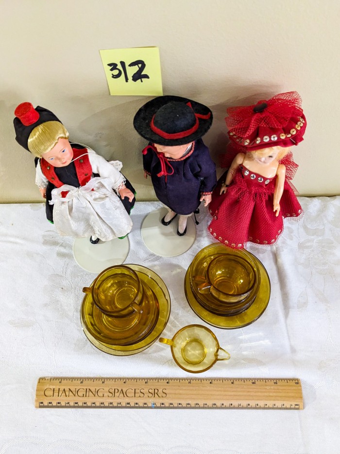 312. (3) Dolls + Mini Amber Tea Set - Image 3