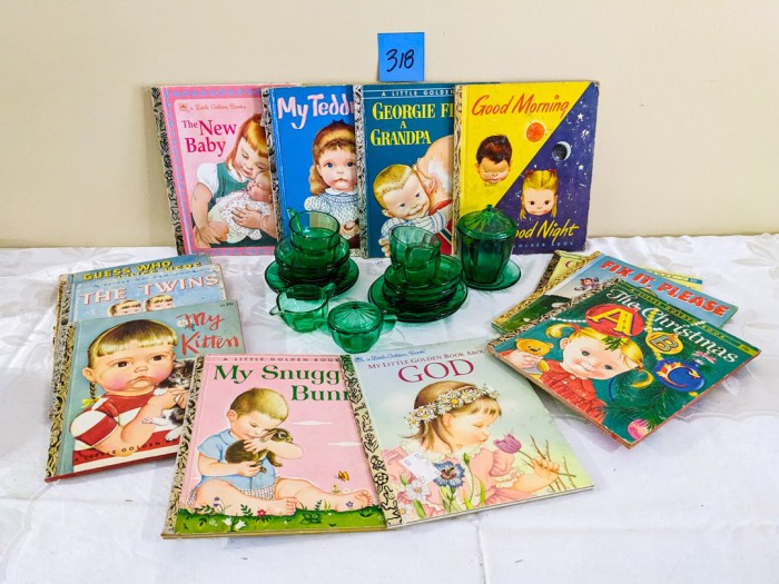 318. (12) Vintage Golden Books + Mini Green Glass Tea Set