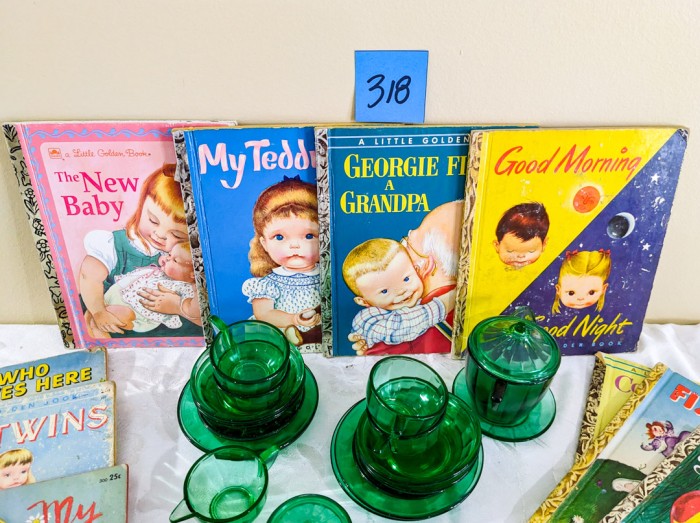 318. (12) Vintage Golden Books + Mini Green Glass Tea Set - Image 2