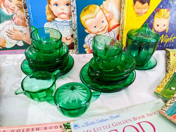 318. (12) Vintage Golden Books + Mini Green Glass Tea Set - Image 6