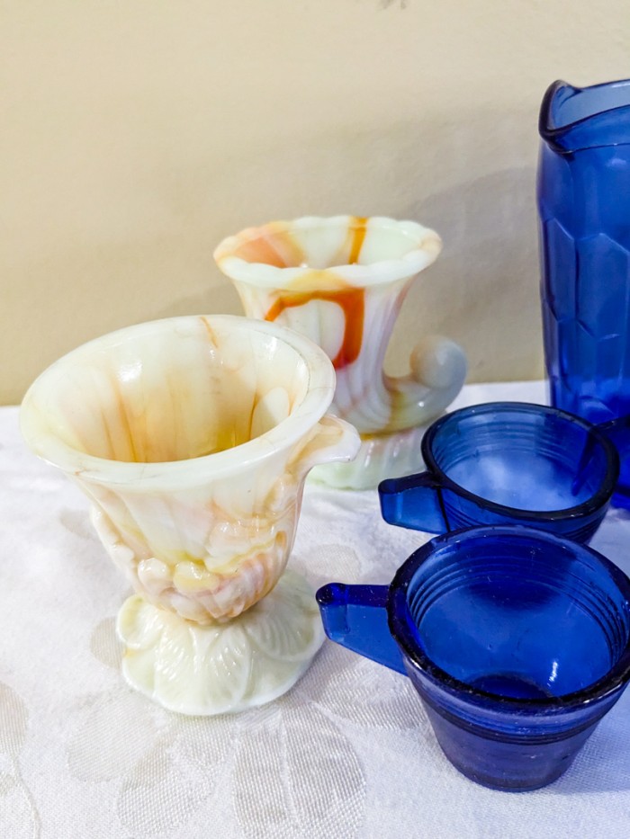 319. Shirley Temple Pitcher, Cobalt Glass Mini Cups + Akro Agate Mini Glassware, Dolls - Image 2