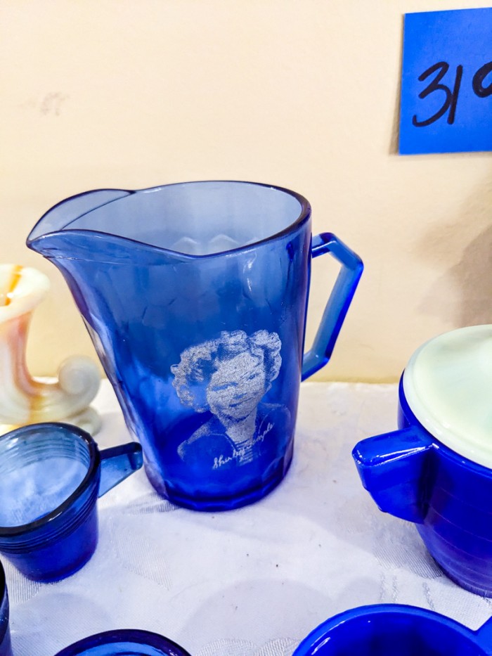 319. Shirley Temple Pitcher, Cobalt Glass Mini Cups + Akro Agate Mini Glassware, Dolls - Image 7