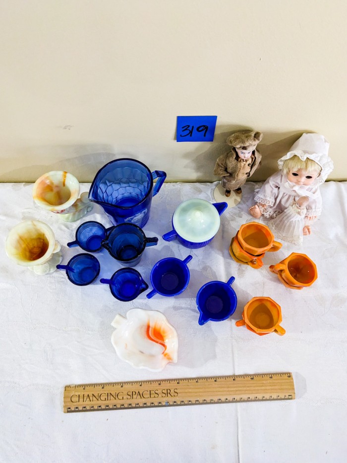 319. Shirley Temple Pitcher, Cobalt Glass Mini Cups + Akro Agate Mini Glassware, Dolls - Image 3