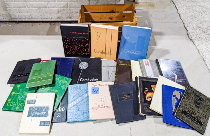 324. (26) Vintage Yearbooks + Wood Crate