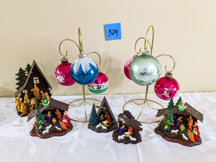 329. (6) Shiny Brite Ornaments + (5)Plastic Nativities