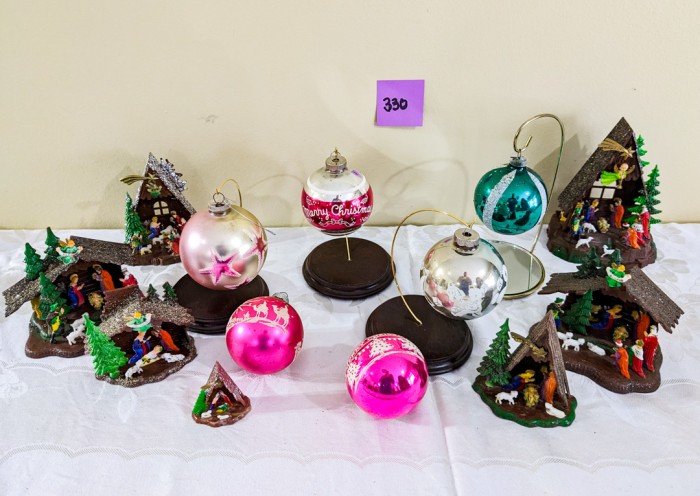 330. (6) Shiny Brite Ornaments + (7) Plastic Nativities