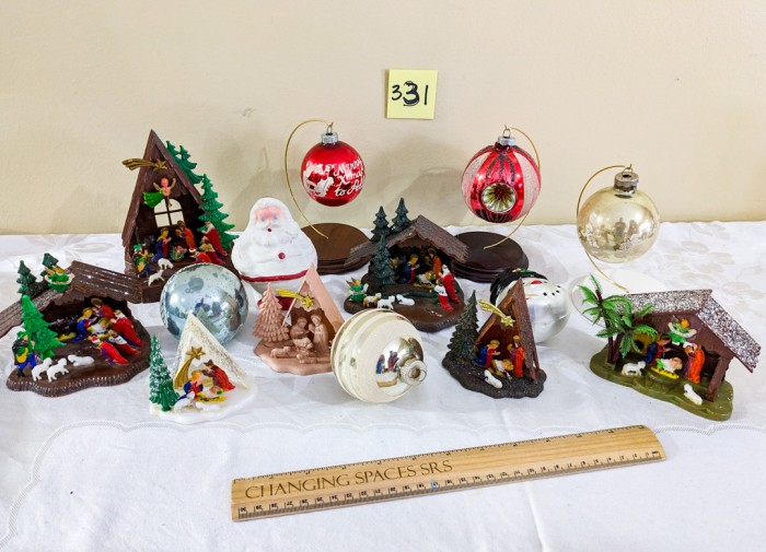 331. Paper Mache Santa, (6) Vintage Shiny Brite Ornaments + (7) Plastic Nativities