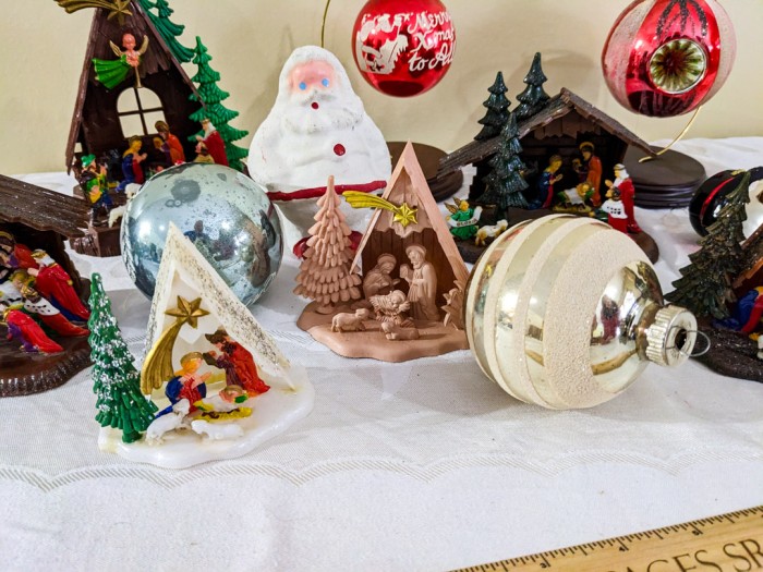 331. Paper Mache Santa, (6) Vintage Shiny Brite Ornaments + (7) Plastic Nativities - Image 8