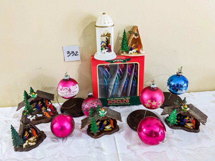 332. Shiny Brite Ornaments + (6) Plastic Nativities