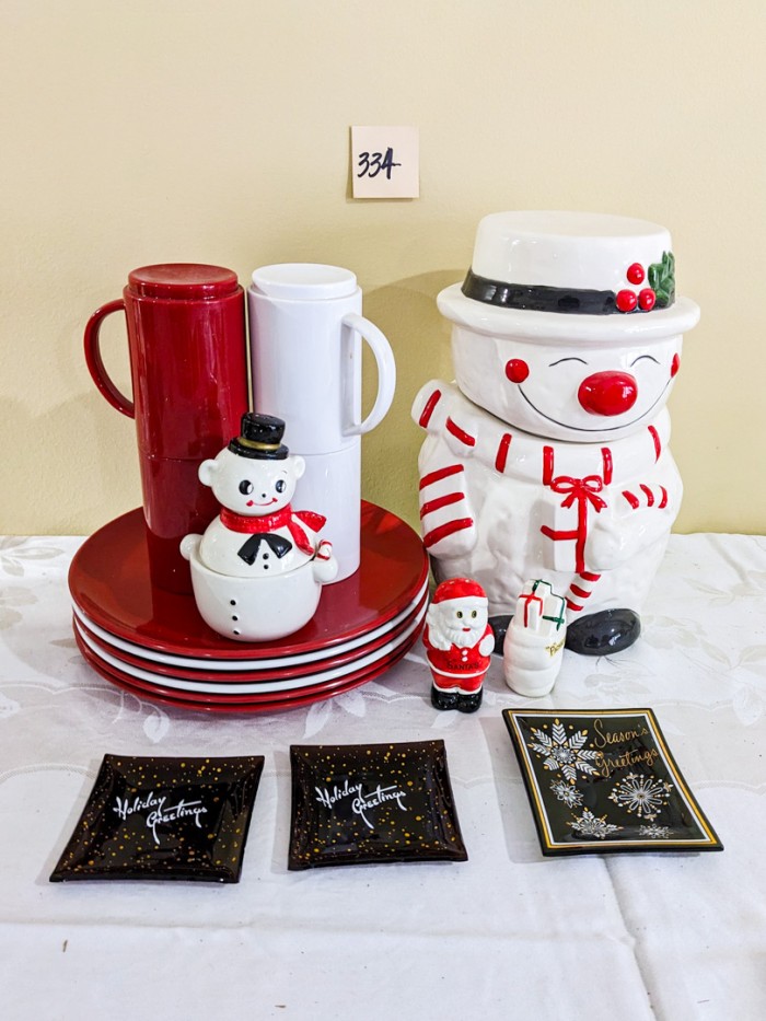 334. Vintage Cookie Jar, Plastic Plates, Mugs, Salt + Pepper Sets and Trays