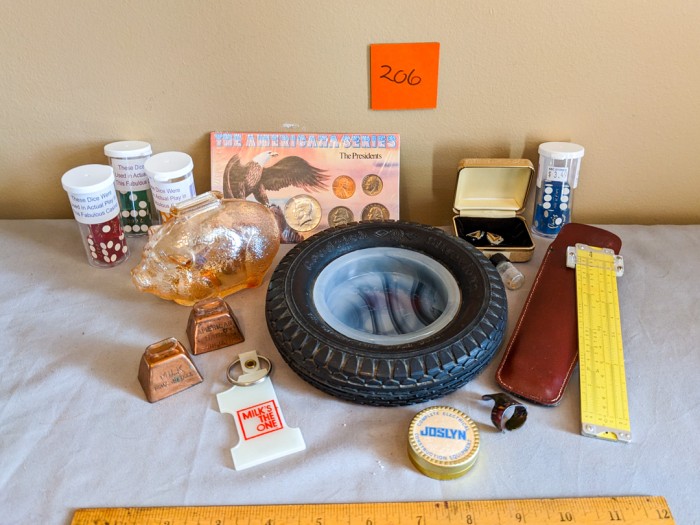 206. Ashtray, Coin Bank, Dice, Coins + Collectibles