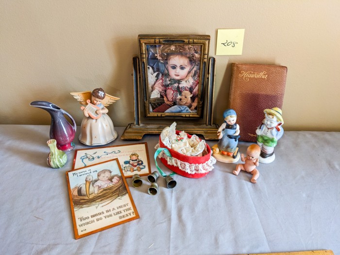 208. Vintage Frame, Mini Vases, Figurines, Book + Collectibles